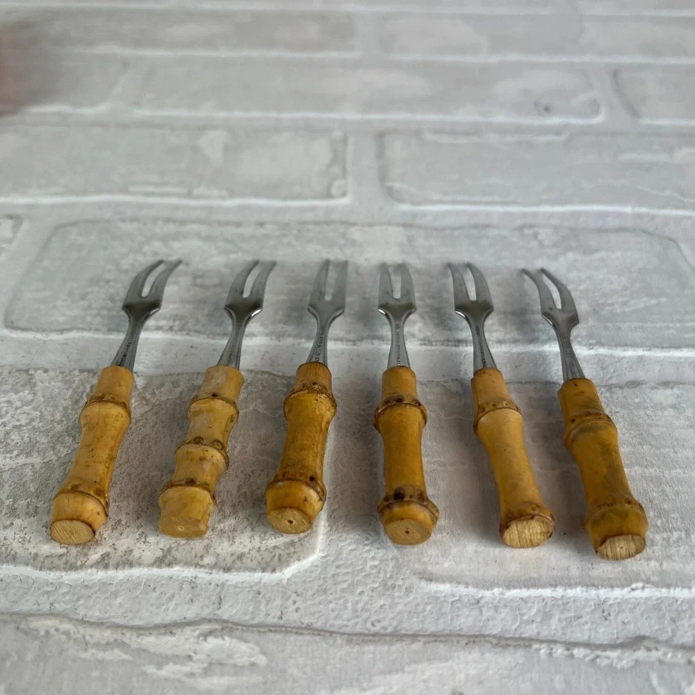 Viking Bamboo Little Forks 6 Cocktail Hand Made Set Original Box Japan Vintage